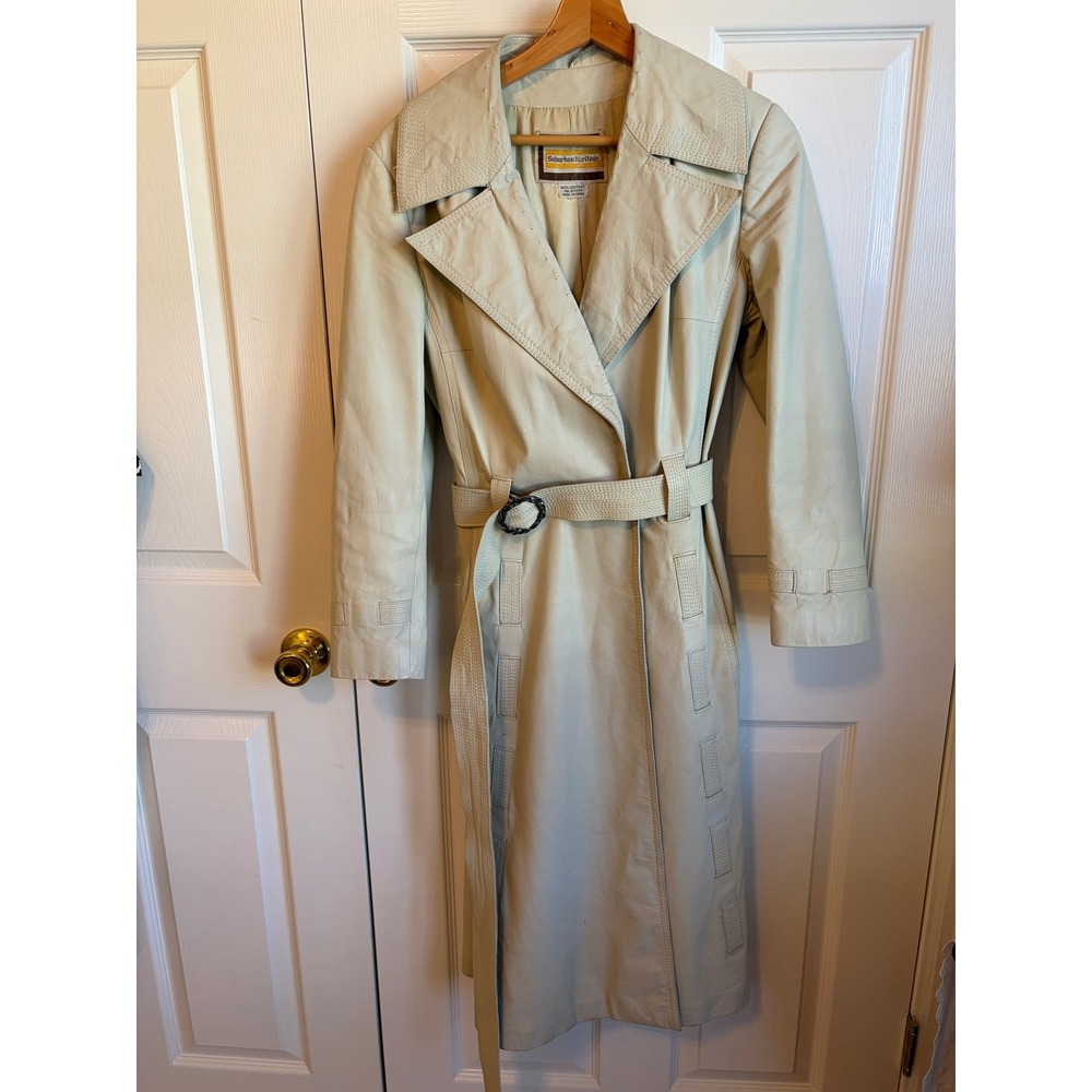 Vintage Suburban Heritage Cream Leather Trench Coat Belted Long Jacket Beige